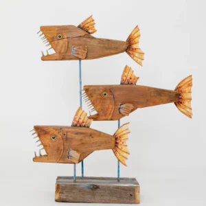 Monumental 55cm fish sculpture carved from reclaimed solid wood by Mario Diaz Art.