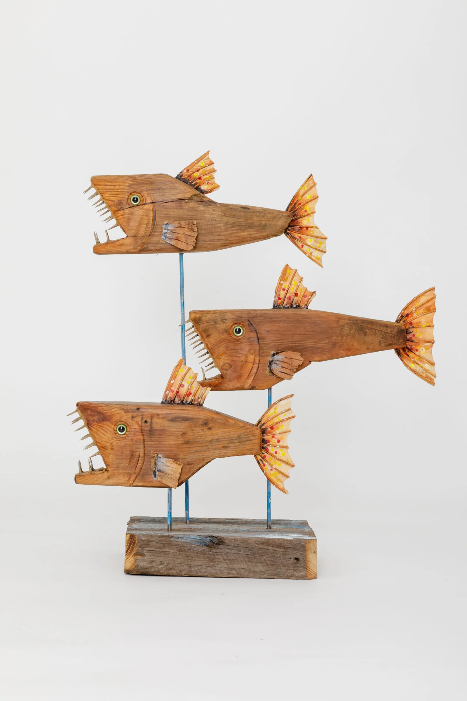 Monumental 55cm fish sculpture carved from reclaimed solid wood by Mario Diaz Art.