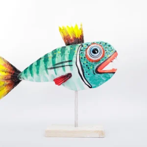 Hand-painted natural wood fish sculpture with stand, Esmeralda collection by Mario Diaz Art.