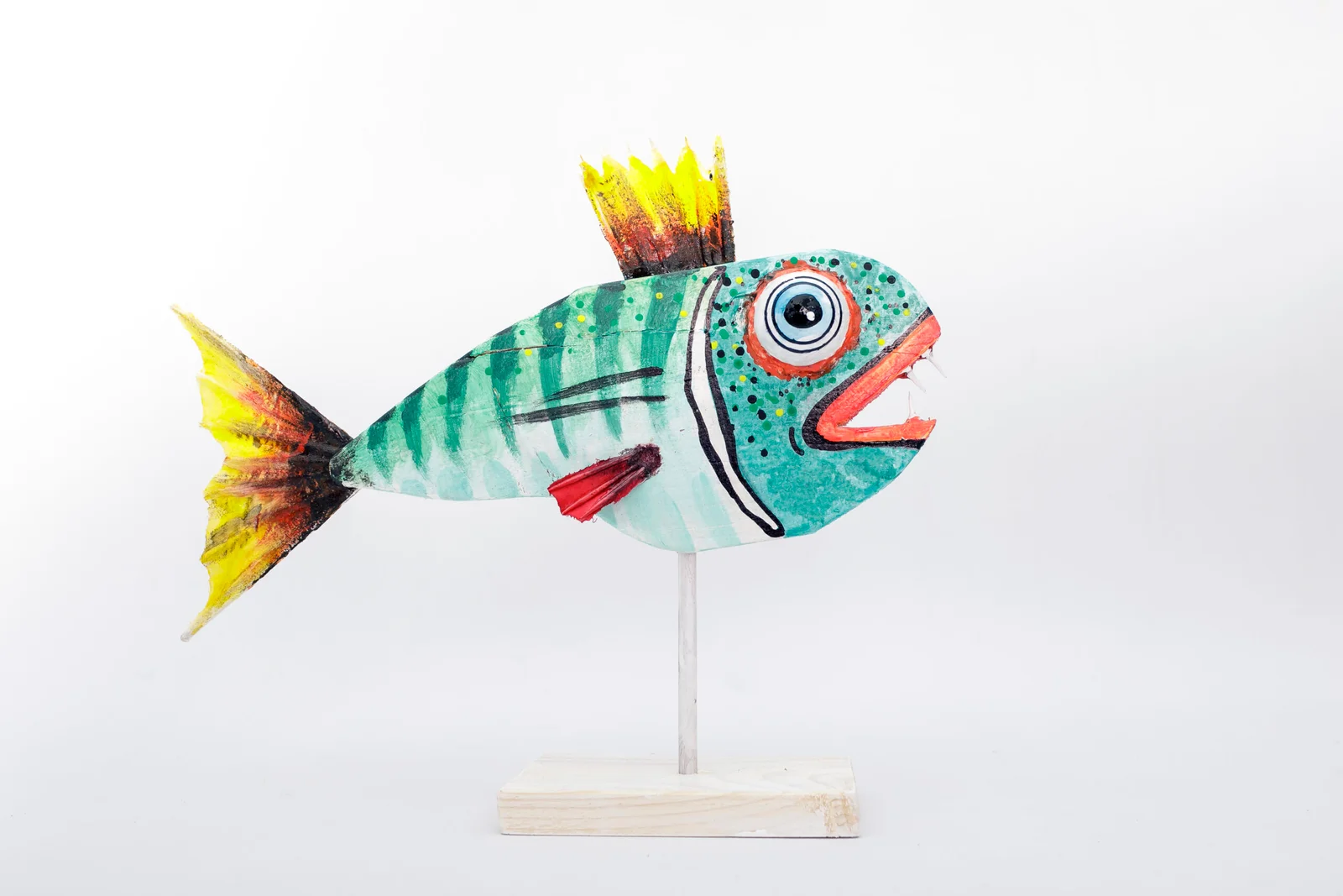 Hand-painted natural wood fish sculpture with stand, Esmeralda collection by Mario Diaz Art.