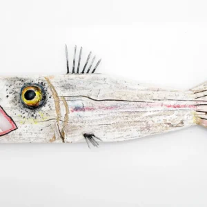Original 50cm Wabi-Sabi fish sculpture made from reclaimed Madrid mountain wood by Mario Diaz Art.