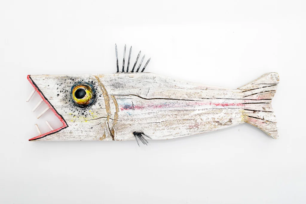 Original 50cm Wabi-Sabi fish sculpture made from reclaimed Madrid mountain wood by Mario Diaz Art.