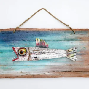 Original 81cm hand-carved wood fish sculpture with neon accents and riverbank blue background by Mario Diaz Art.