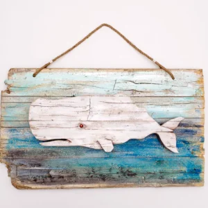 Large handcrafted sperm whale wall sculpture made of reclaimed wood from Valencia dunes by Mario Diaz Art.