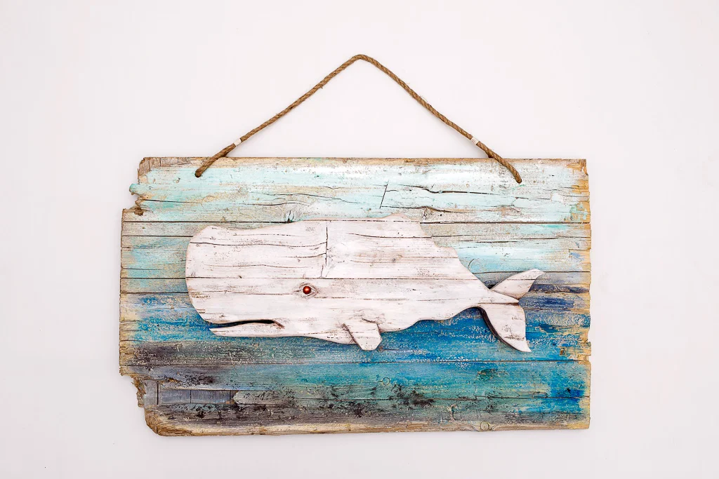 Large handcrafted sperm whale wall sculpture made of reclaimed wood from Valencia dunes by Mario Diaz Art.