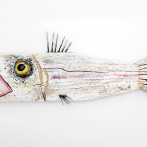 Hand-carved wooden fish sculpture painted in distressed white with industrial metal wire fins and a yellow eye. Made from recycled wood.