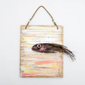 Unique Sunderland fish sculpture made from a natural palm leaf on reclaimed wood by Mario Diaz Art.
