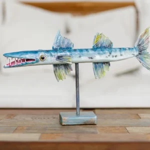 Original 38cm hand-carved wood barracuda sculpture on minimalist metal stand, iridescent blue and silver finish, handcrafted by Mario Diaz Art.