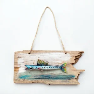 Original 35cm hand-carved barracuda wall relief on reclaimed wood base by Mario Diaz Art.