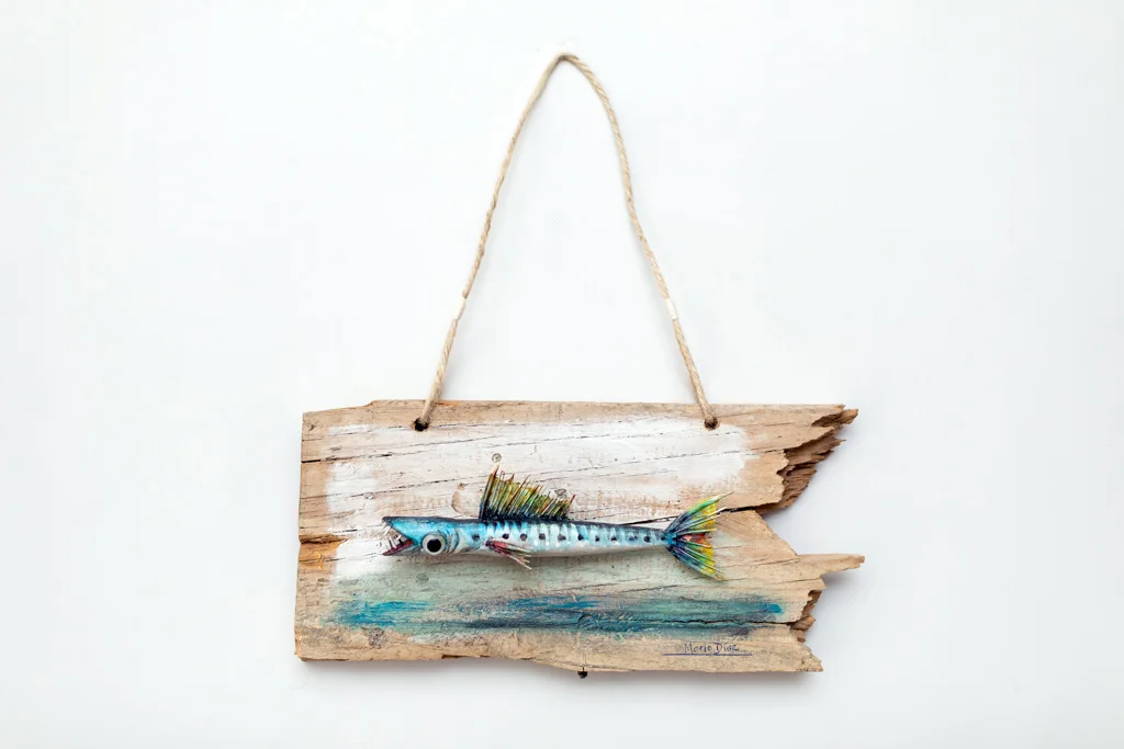 Original 35cm hand-carved barracuda wall relief on reclaimed wood base by Mario Diaz Art.