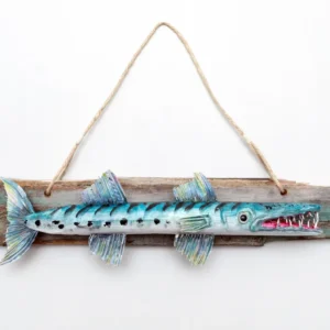 Original 55cm hand-carved reclaimed wood barracuda sculpture Caribbean Instinct by Mario Diaz Art.