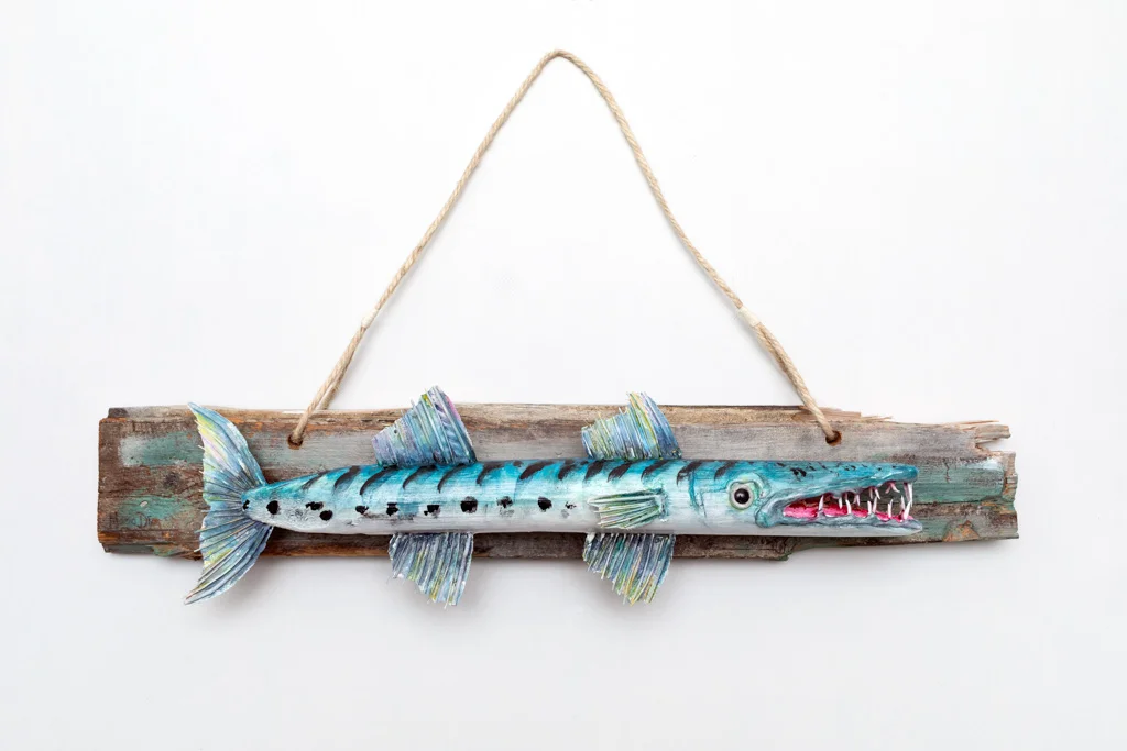 Original 55cm hand-carved reclaimed wood barracuda sculpture Caribbean Instinct by Mario Diaz Art.