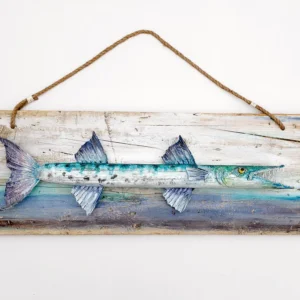 Hand-carved reclaimed wood sculpture of a giant Barracuda with iridescent silver and turquoise paint, rendered in high-relief against a rustic wooden background.