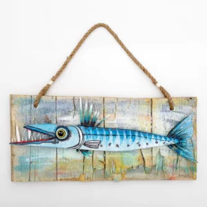 Hand-carved 50cm solid reclaimed wood barracuda sculpture with vibrant blue Caribbean markings and natural jute rope hanger by Mario Diaz Art.